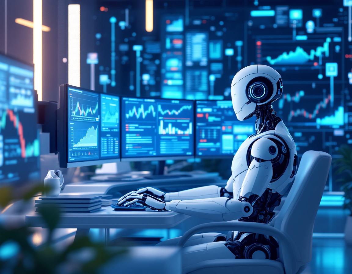 A hyper-realistic AI trading bot at a workstation analyzing market data on multiple screens.