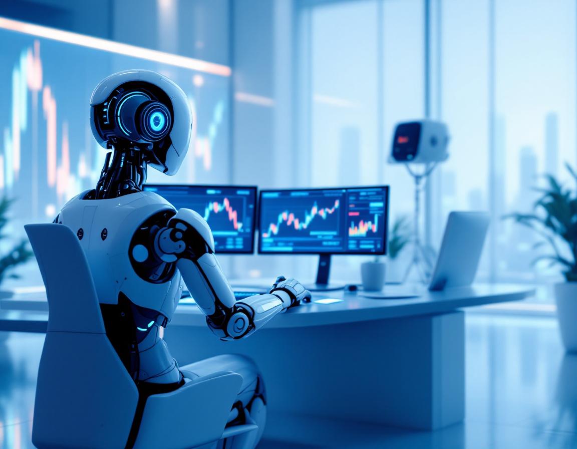 A hyper-realistic AI trading bot at a workstation, analyzing market data across multiple screens.
