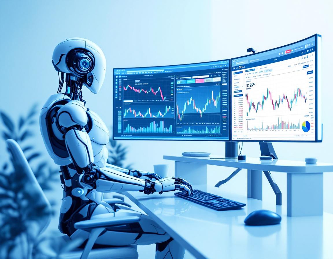 A hyper-realistic AI trading bot analyzes market data on multiple screens in a futuristic workspace.