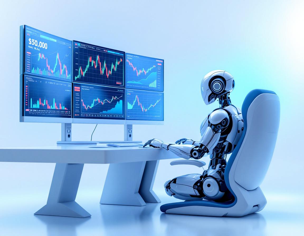 A hyper-realistic AI trading bot at a high-tech workstation, analyzing crypto and stock market data.