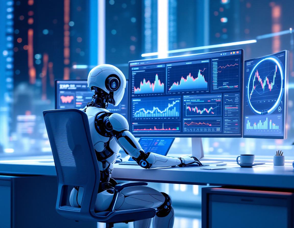 A hyper-realistic AI trading bot at a sleek workstation, analyzing market data on multiple screens.
