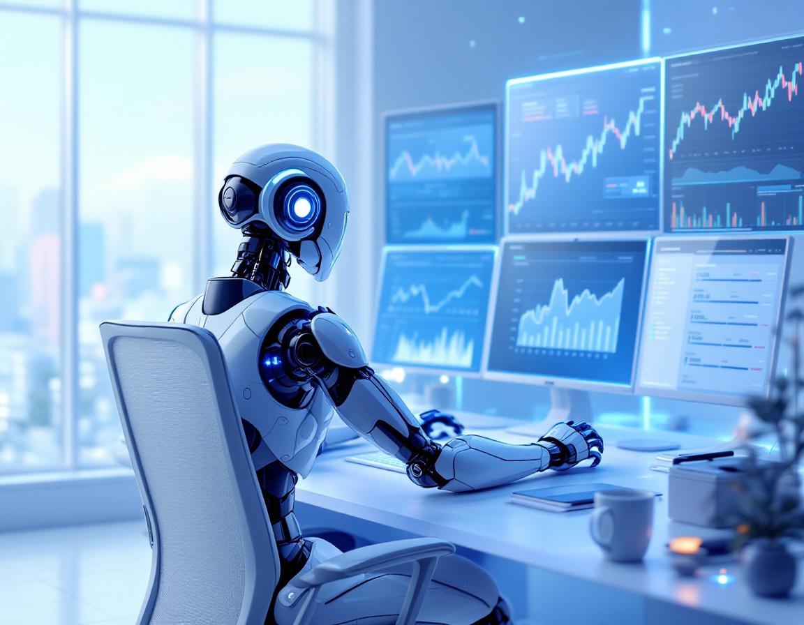 A humanoid AI trading bot at a high-tech workstation analyzing market data on multiple screens.