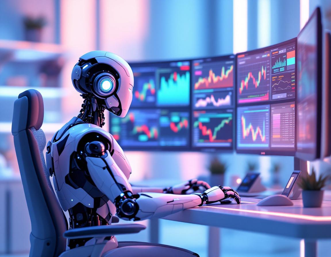 A humanoid AI trading bot at a workstation, analyzing crypto and stock data on multiple screens.