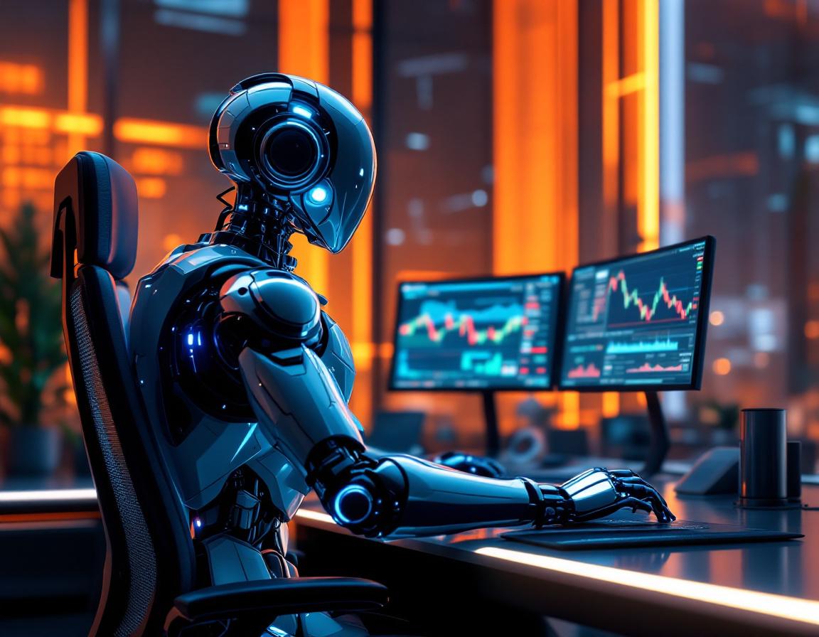 A humanoid AI trading bot analyzes market data at a high-tech workstation with multiple screens.