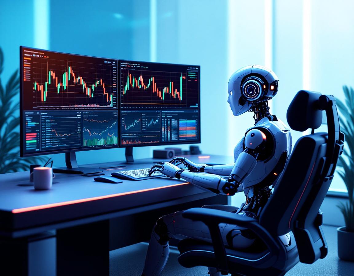 A hyper-realistic 3D AI trading bot at a workstation, analyzing market data on multiple screens.