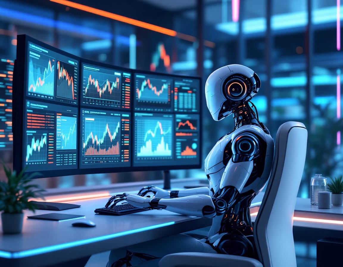 A humanoid AI trading bot analyzes market data at a high-tech workstation surrounded by screens.