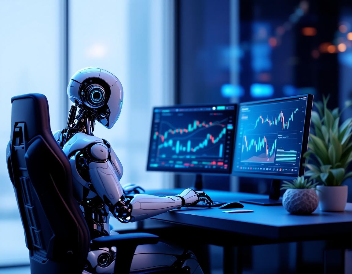 A hyper-realistic AI trading bot at a workstation analyzing market data on multiple glowing screens.