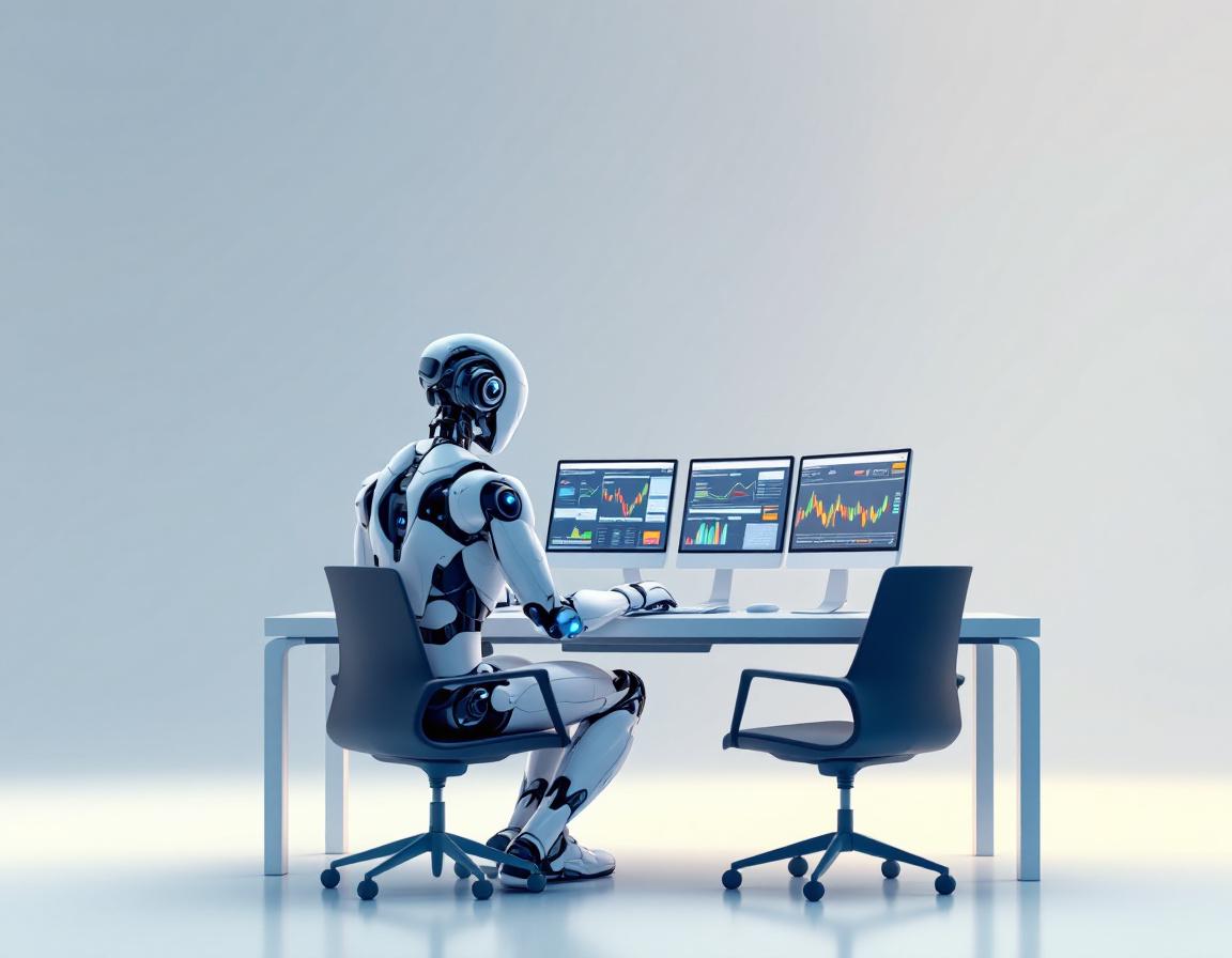 A humanoid AI trading bot analyzes data at a futuristic workstation with multiple trading screens.