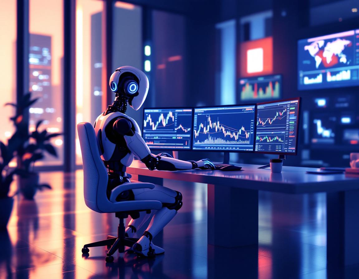 A sleek humanoid AI trading bot at a high-tech workstation analyzing stock and crypto market data.