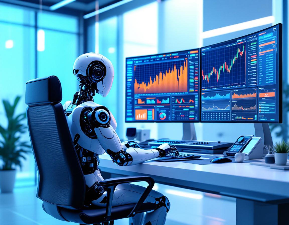 A hyper-realistic AI trading bot at a high-tech workstation analyzing crypto and stock market data.