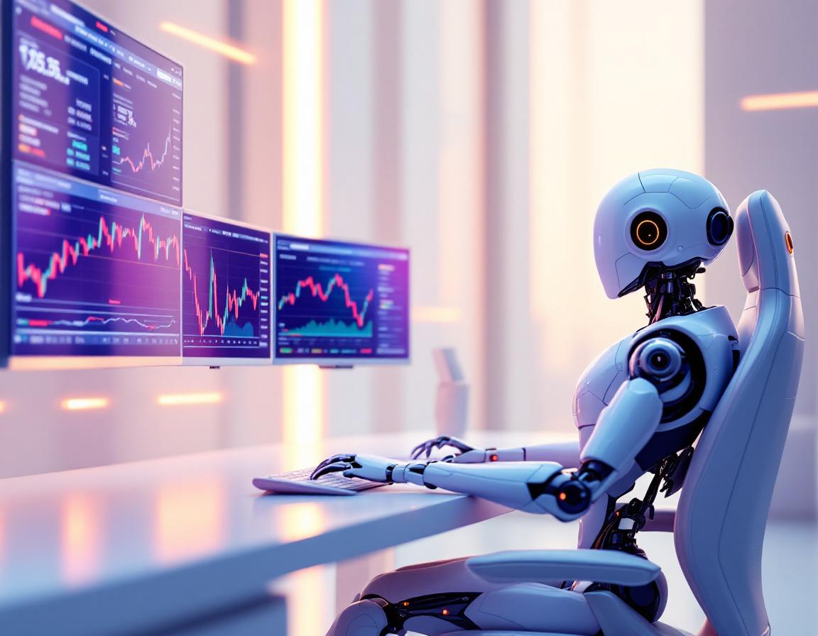 A humanoid AI trading bot analyzing market data at a high-tech workstation with multiple screens.