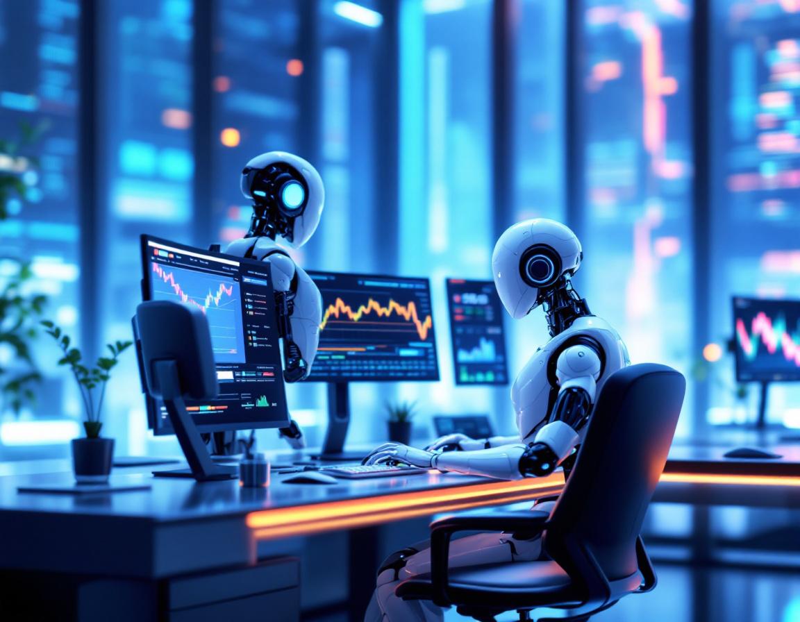 A hyper-realistic AI trading bot at a workstation, analyzing market data across multiple screens.