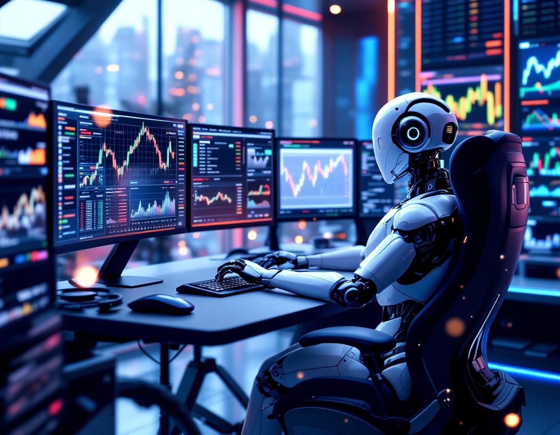 A hyper-realistic AI trading bot at a futuristic workstation analyzing crypto and stock market data.