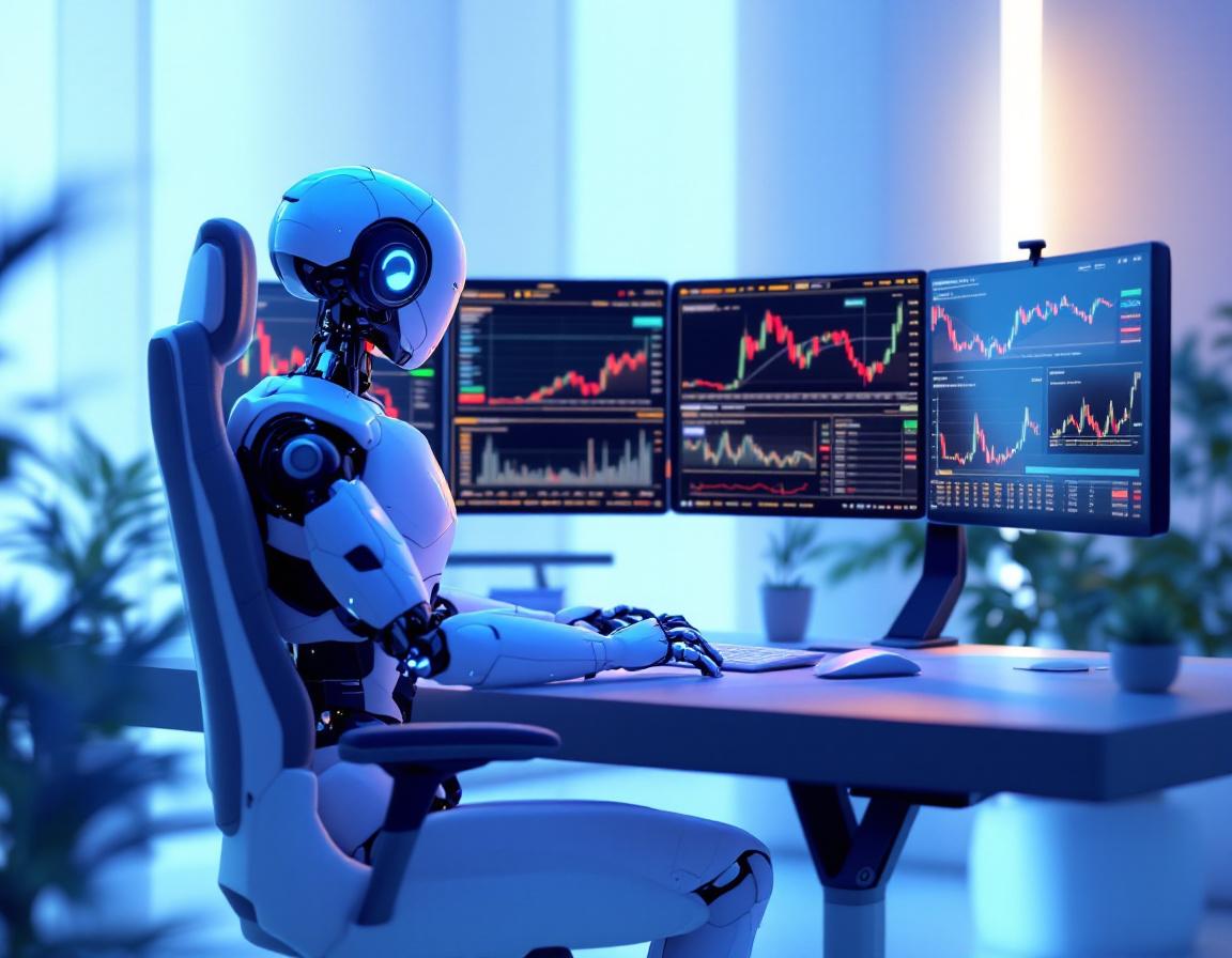 A hyper-realistic AI trading bot at a high-tech workstation, analyzing market data and trends.