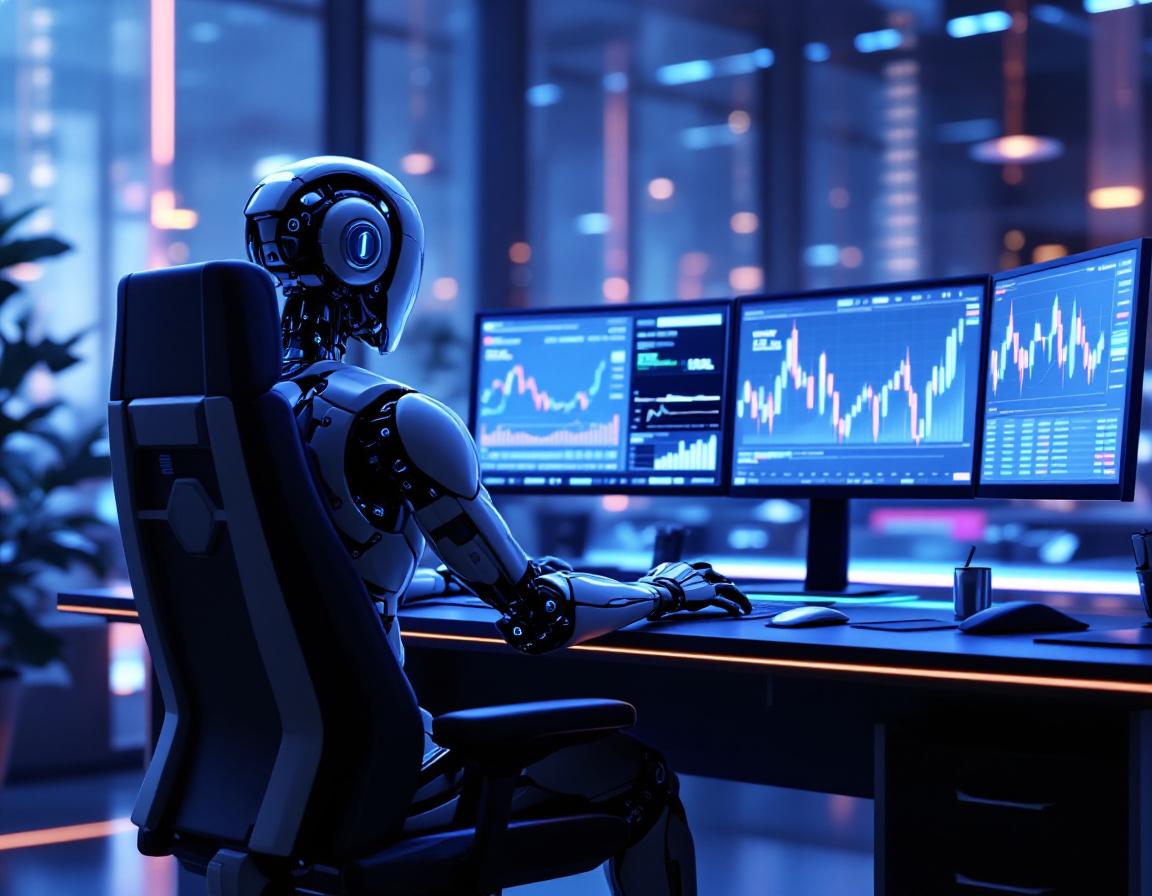 A humanoid AI trading bot at a high-tech workstation, analyzing market data across multiple screens.