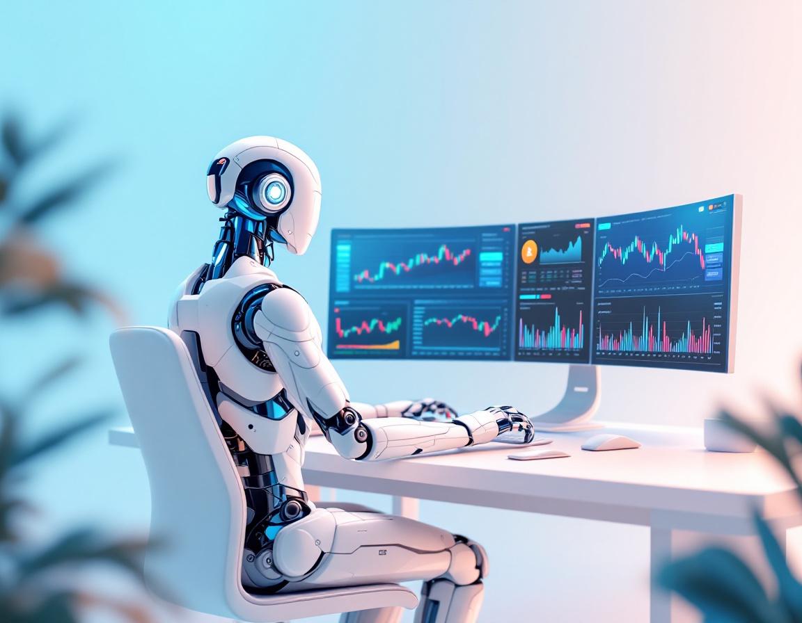 A humanoid AI trading bot analyzes data at a futuristic workstation with multiple market screens.
