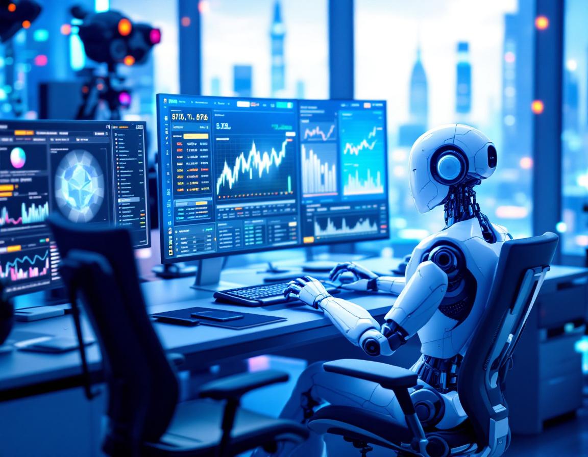 A sleek humanoid AI trading bot analyzes market data at a high-tech workstation with vivid screens.