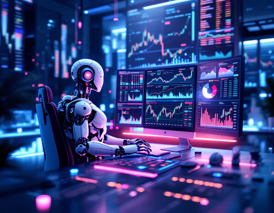 A humanoid AI trading bot analyzes market data at a sleek workstation with stock and crypto charts.