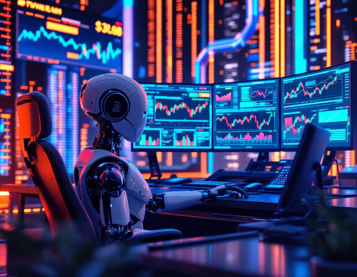 A hyper-realistic AI trading bot analyzes market data at a sleek workstation with multiple screens.