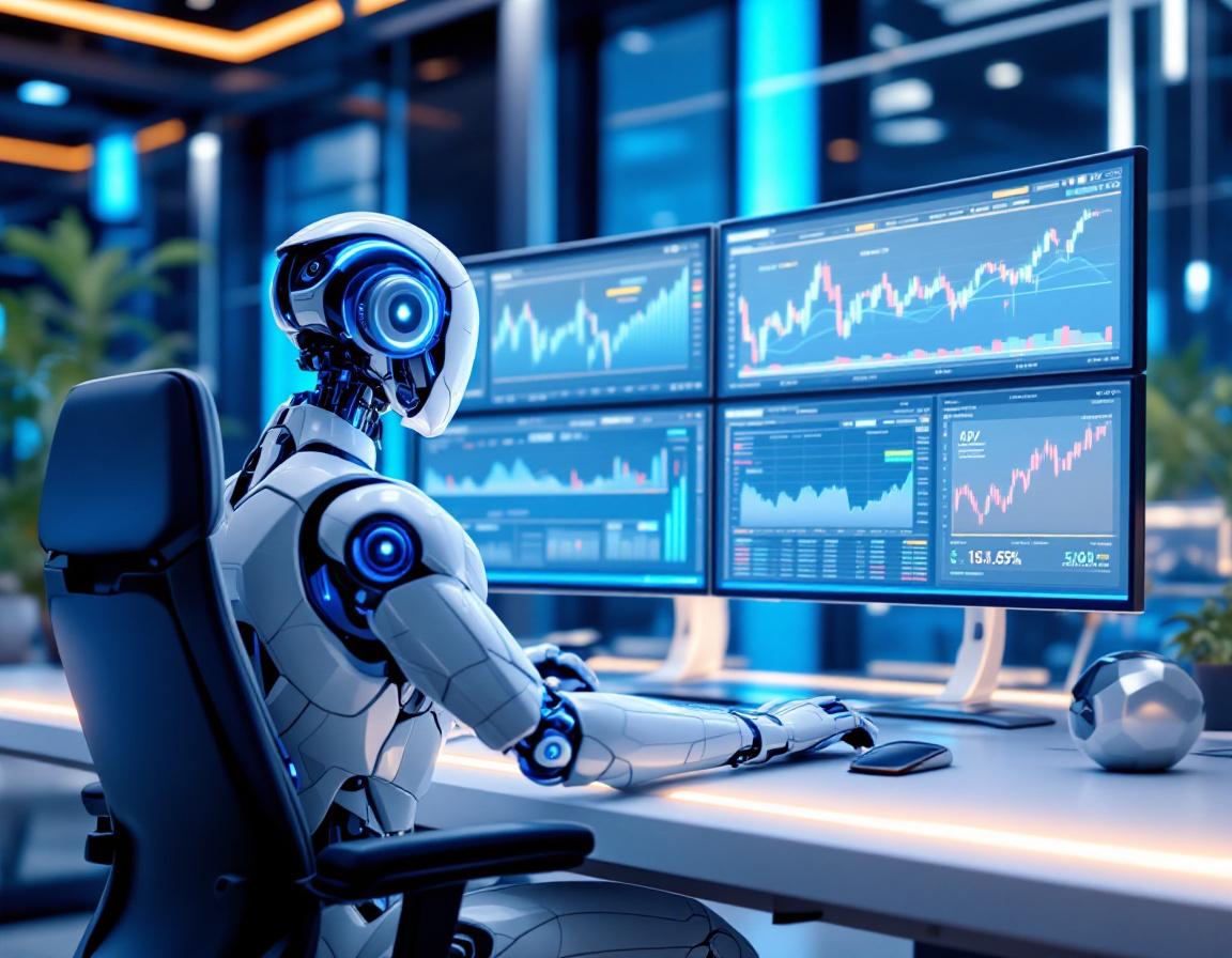 A sleek humanoid AI trading bot at a workstation analyzes market data across multiple screens in 3D.