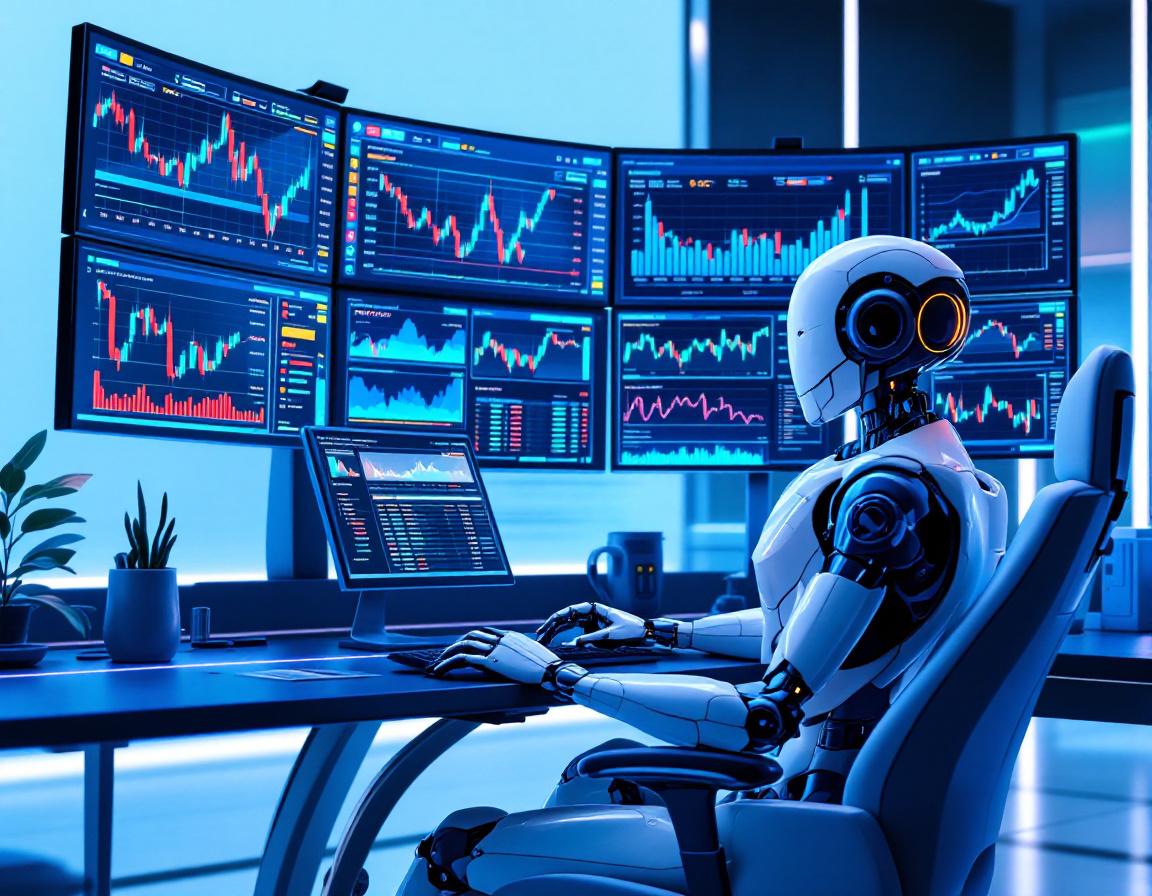 A hyper-realistic AI trading bot at a workstation analyzing market data on multiple screens.