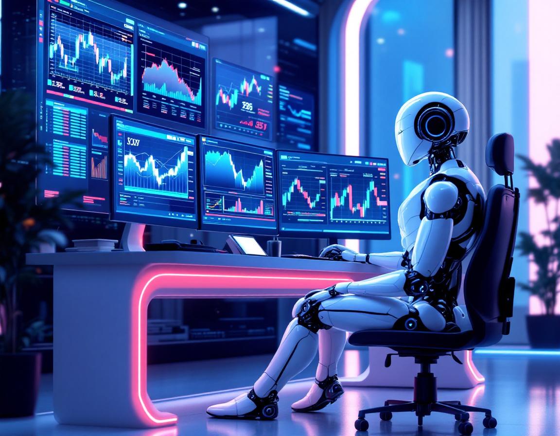 A sleek humanoid AI trading bot at a high-tech workstation analyzing stock and crypto market data.