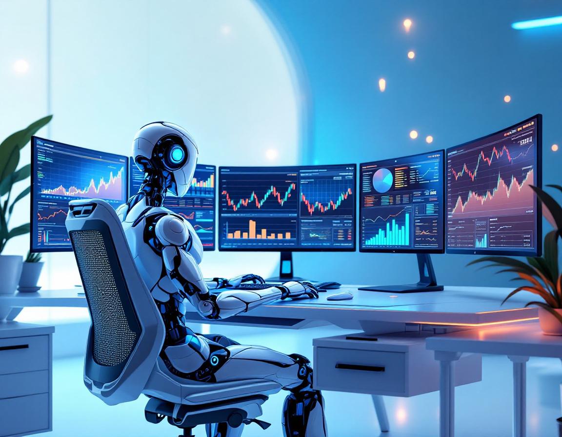 A hyper-realistic AI trading bot at a high-tech workstation analyzing stock and crypto market data.