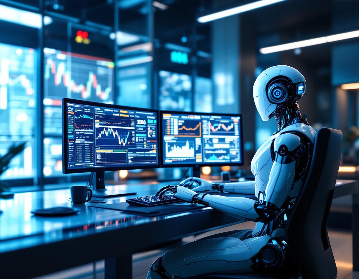A hyper-realistic AI trading bot analyzes market data in a futuristic financial environment.
