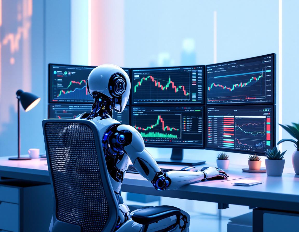 A sleek humanoid AI trading bot at a high-tech workstation analyzes crypto and stock market data.