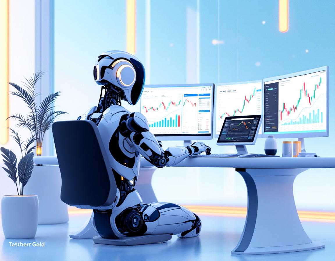 A hyper-realistic AI trading bot analyzes markets at a sleek workstation with futuristic screens.