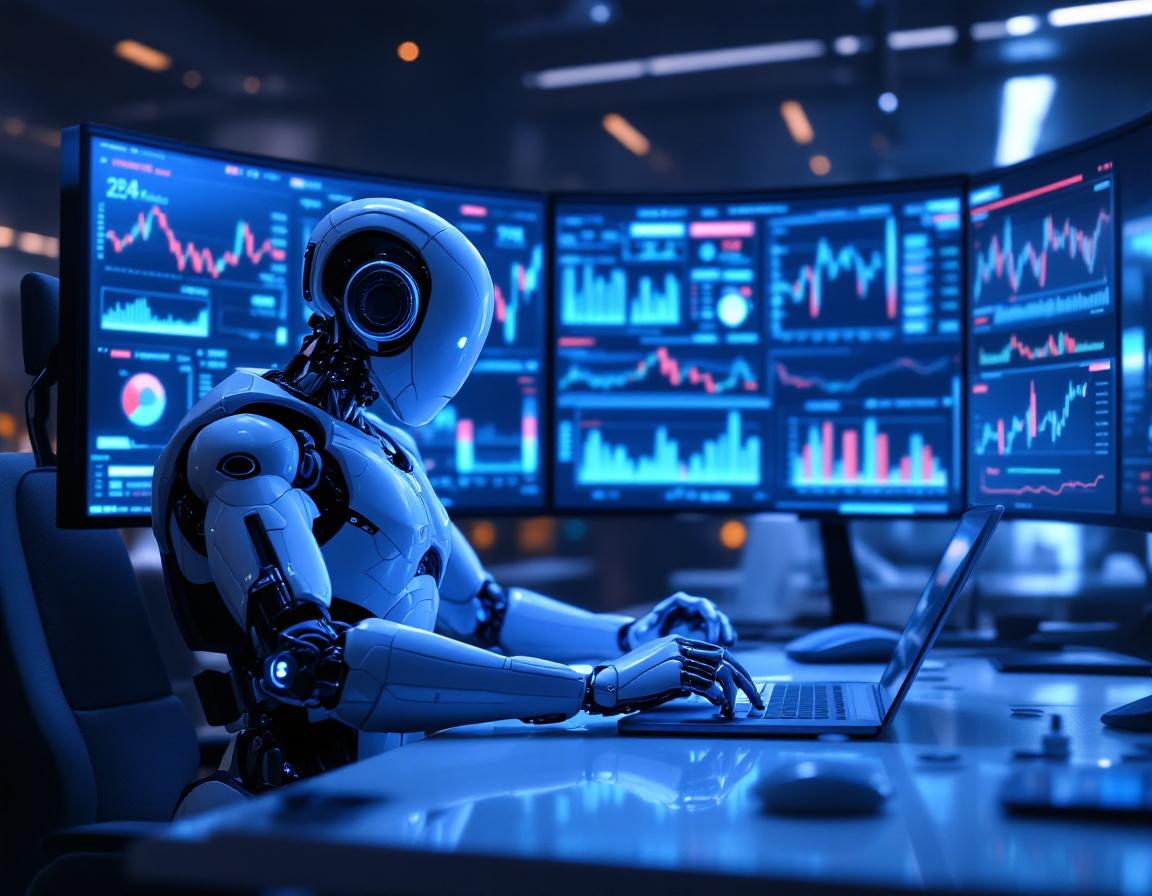 A humanoid AI trading bot at a high-tech workstation analyzing market trends on multiple screens.