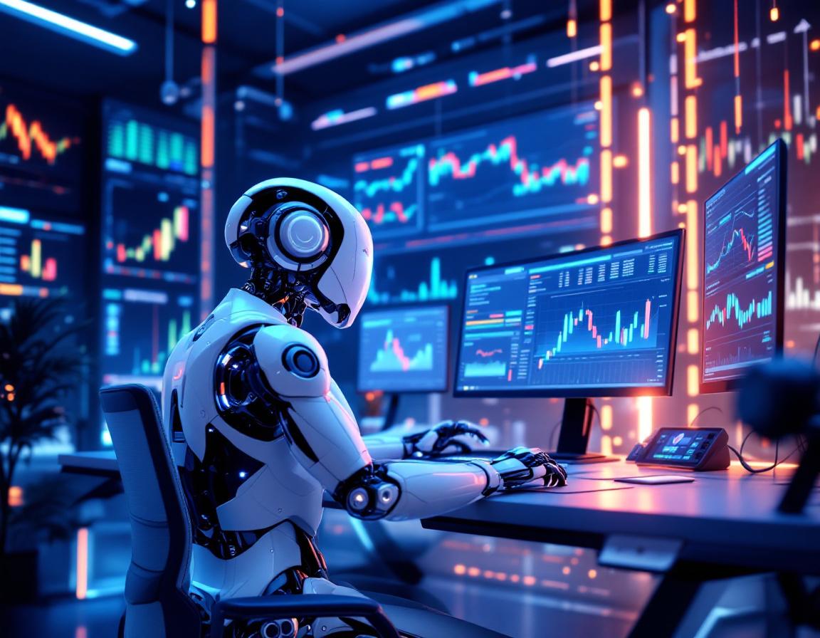 A hyper-realistic AI trading bot at a sleek workstation analyzing market data with multiple screens.