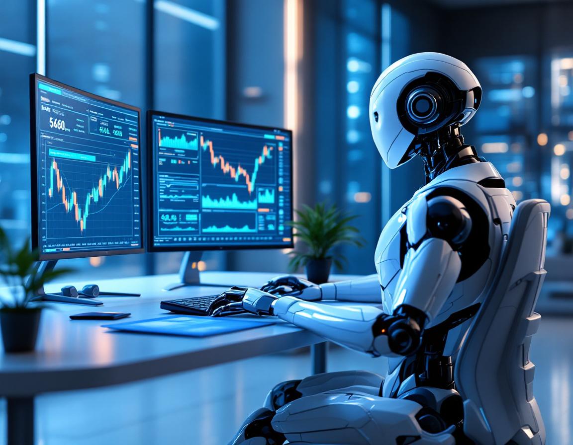 A humanoid AI trading bot analyzes market data at a high-tech workstation with multiple screens.