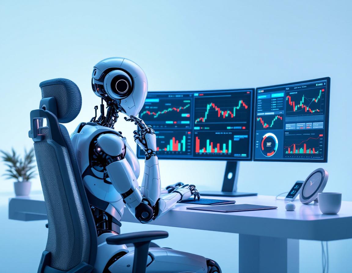 A hyper-realistic AI trading bot at a workstation analyzing market data on multiple digital screens.