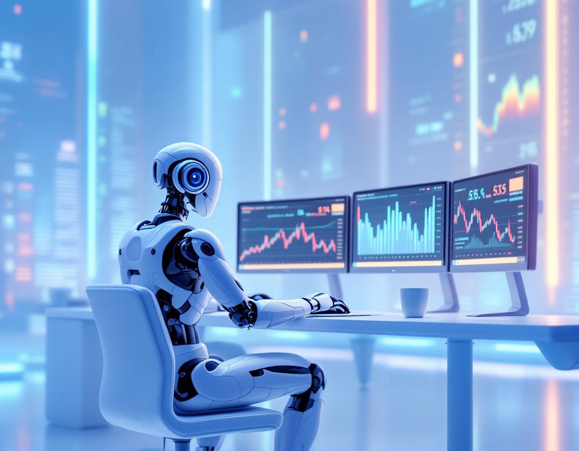 A hyper-realistic AI trading bot at a high-tech workstation analyzing crypto and stock market data.