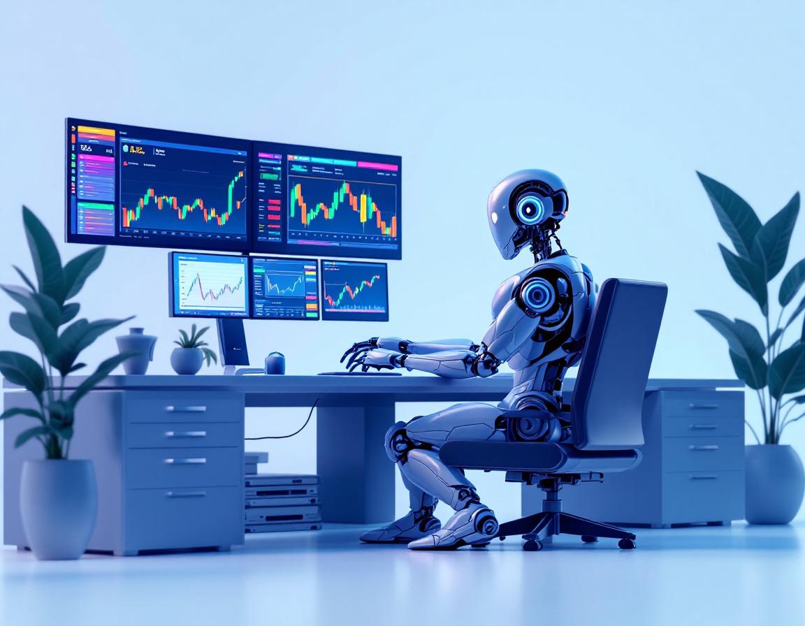 A hyper-realistic AI trading bot analyzes market data at a sleek workstation with multiple screens.