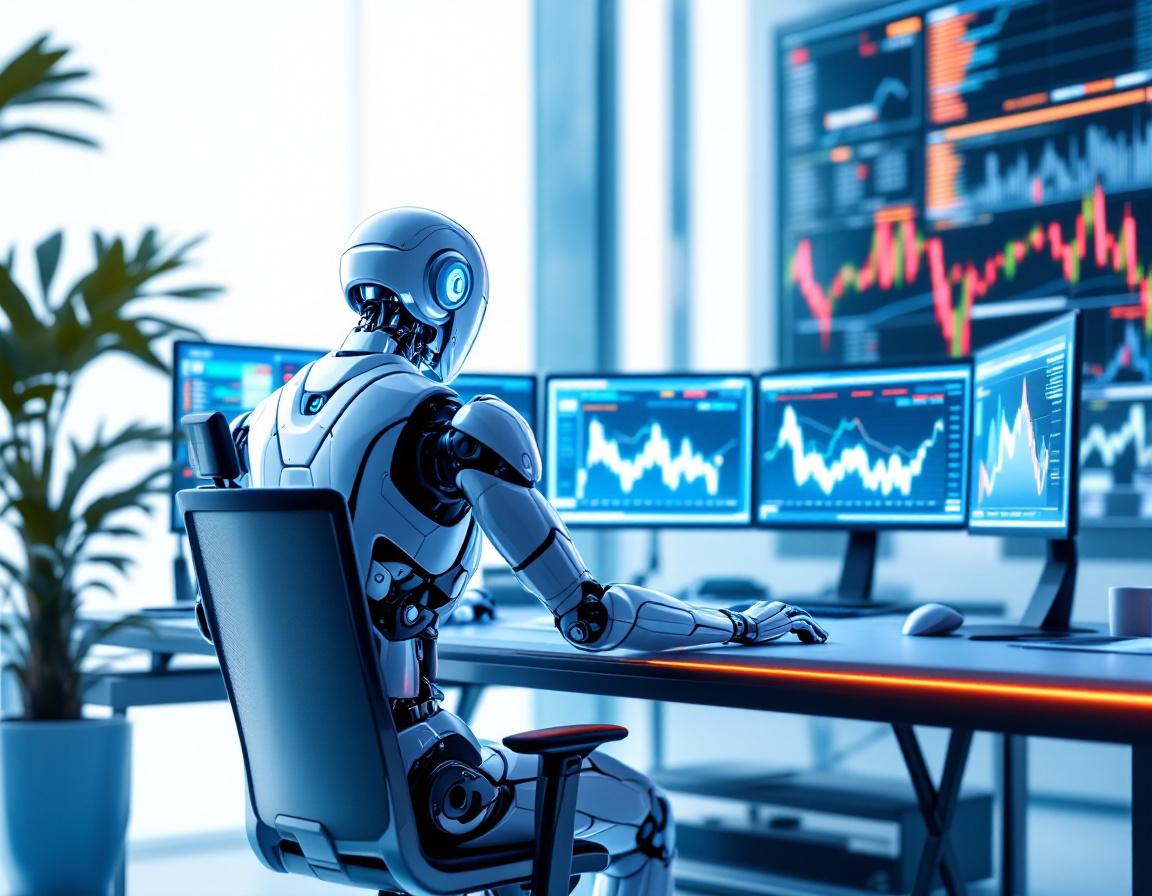 A humanoid AI trading bot analyzes market data at a high-tech workstation with multiple screens.