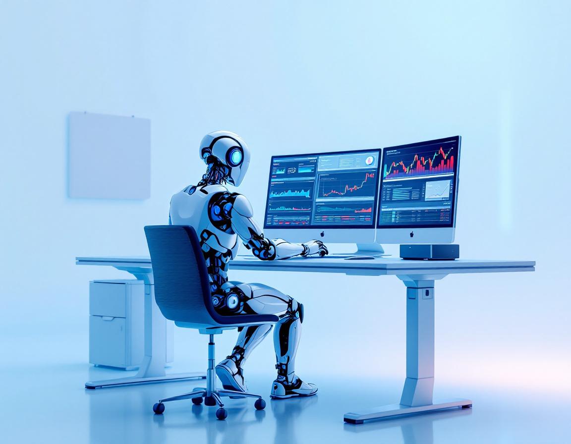 A humanoid AI trading bot analyzes market data at a high-tech workstation with multiple screens.