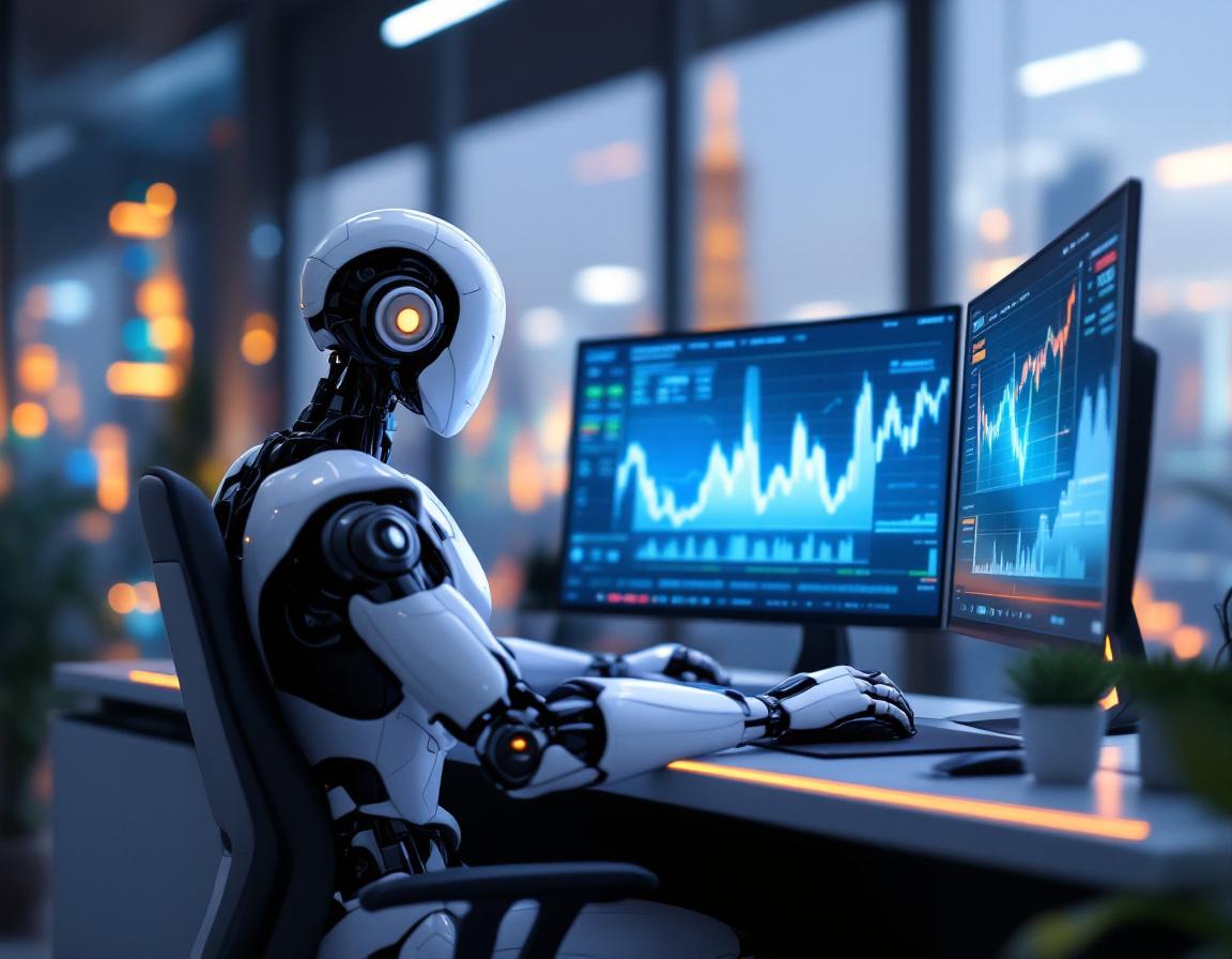 A humanoid AI trading bot at a workstation analyzes market data on multiple glowing screens.