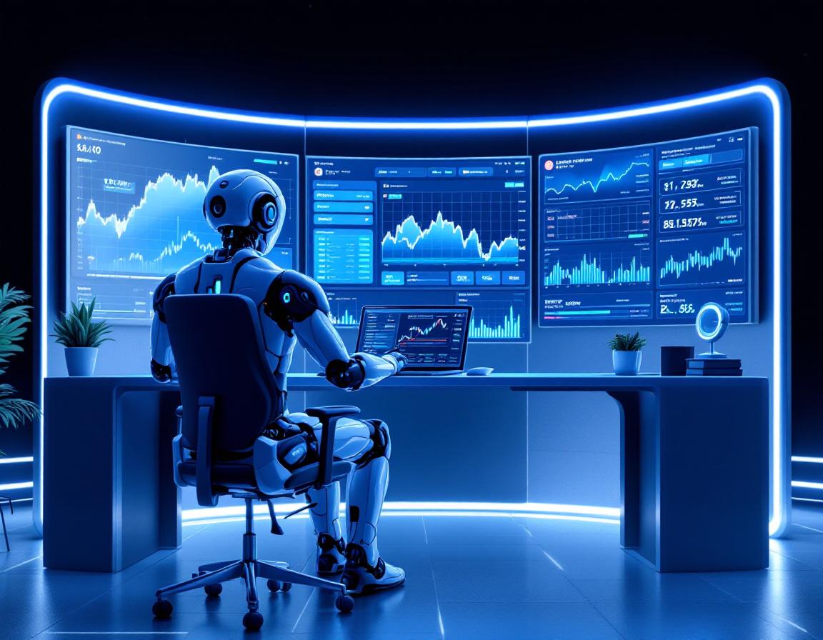A hyper-realistic AI trading bot analyzes market data in a futuristic financial trading environment.