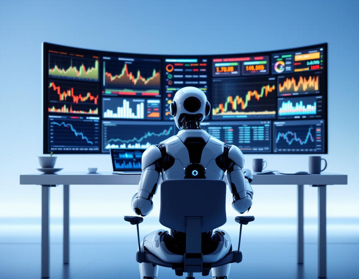 A humanoid AI trading bot at a high-tech workstation, analyzing market data across multiple screens.