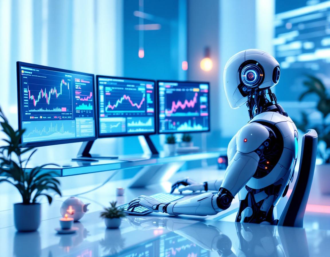 A hyper-realistic AI trading bot at a high-tech workstation analyzing stock and crypto market data.