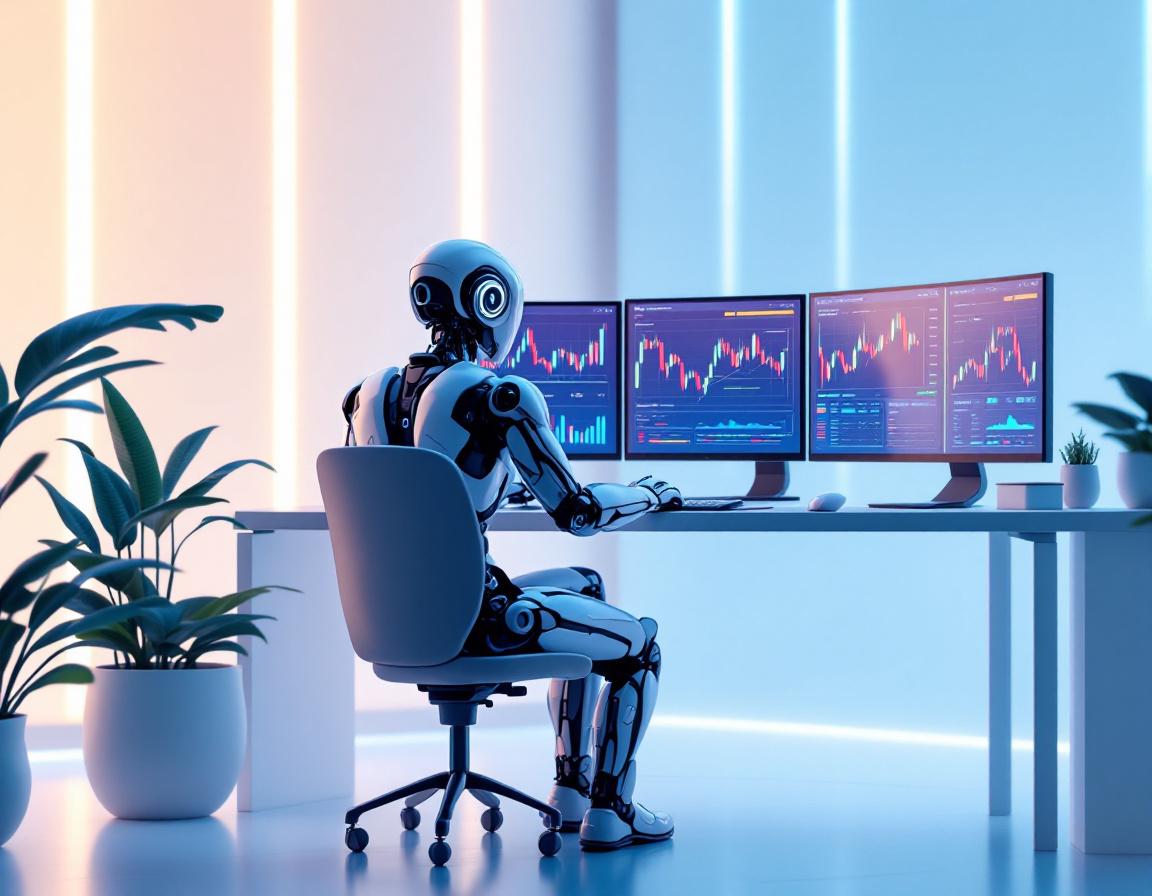 A hyper-realistic AI trading bot at a sleek workstation analyzing market data on multiple screens.