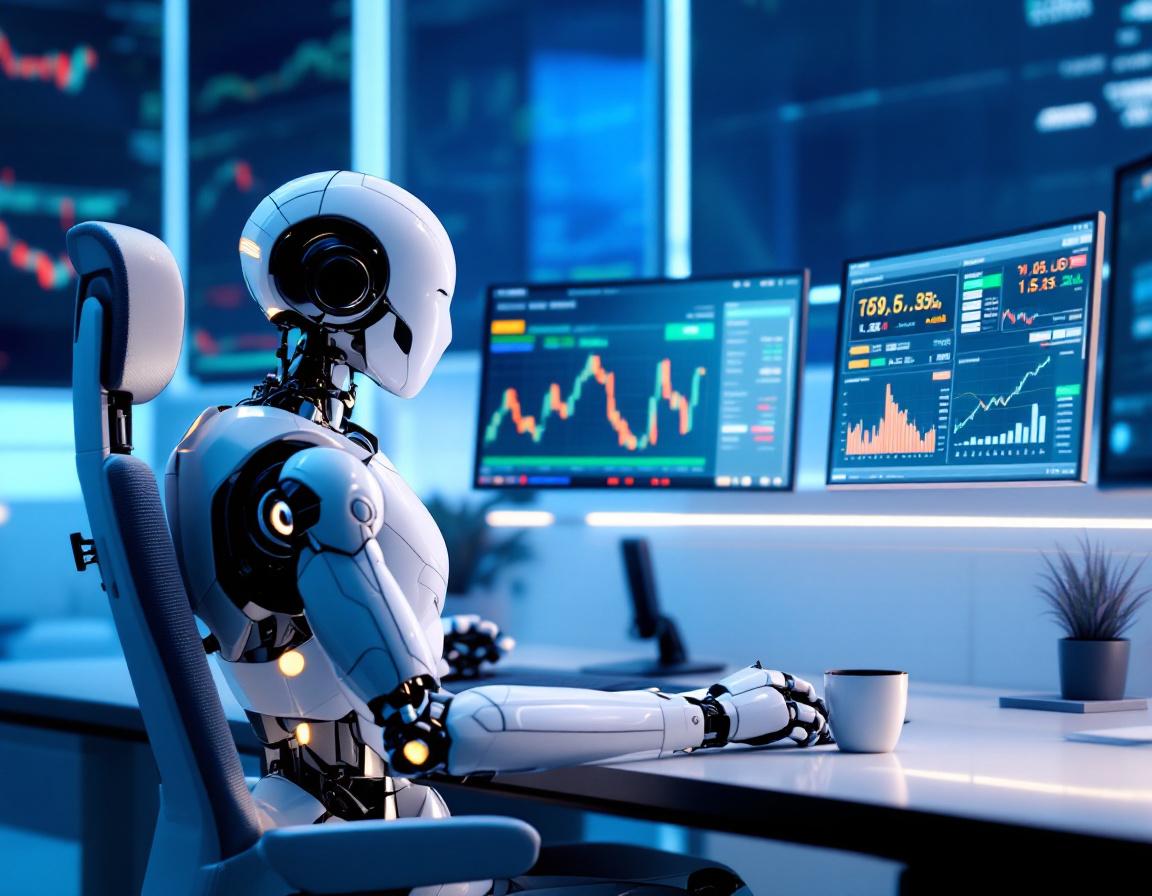 A hyper-realistic AI trading bot at a high-tech workstation analyzing crypto and stock market data.