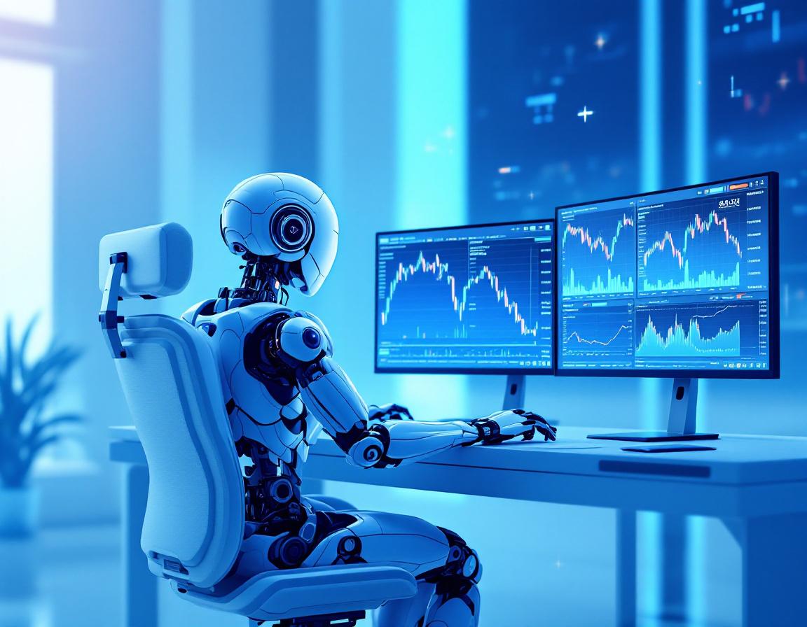 A hyper-realistic AI trading bot at a workstation analyzing data on screens in a futuristic setting.