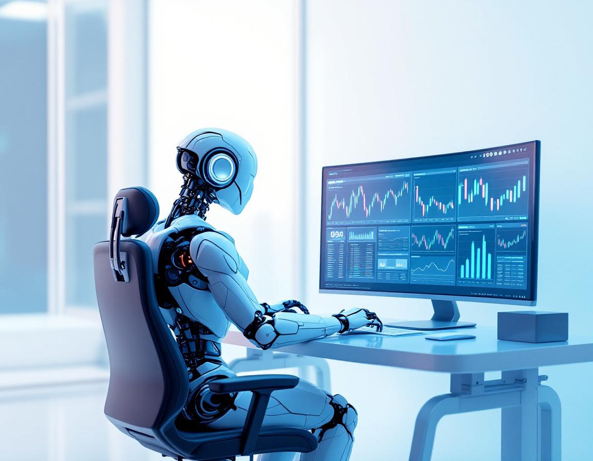 A humanoid AI trading bot analyzes market data at a high-tech workstation with multiple screens.