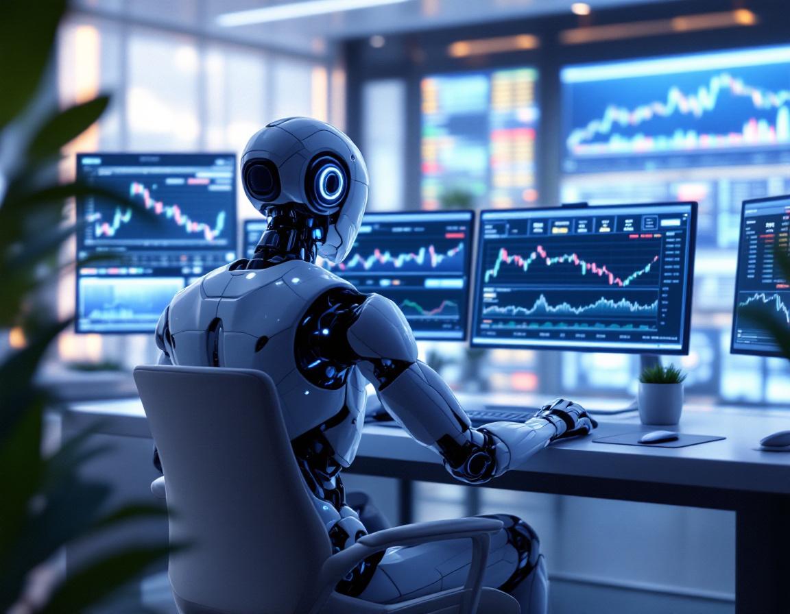 A sleek humanoid AI trading bot at a workstation analyzes data on screens in a futuristic setting.