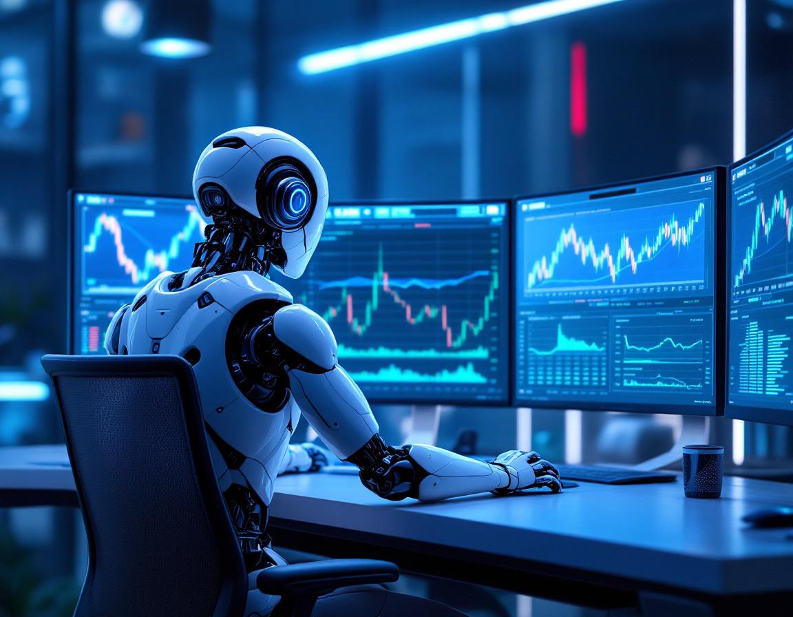 A humanoid AI trading bot at a high-tech workstation analyzing crypto and stock market data.