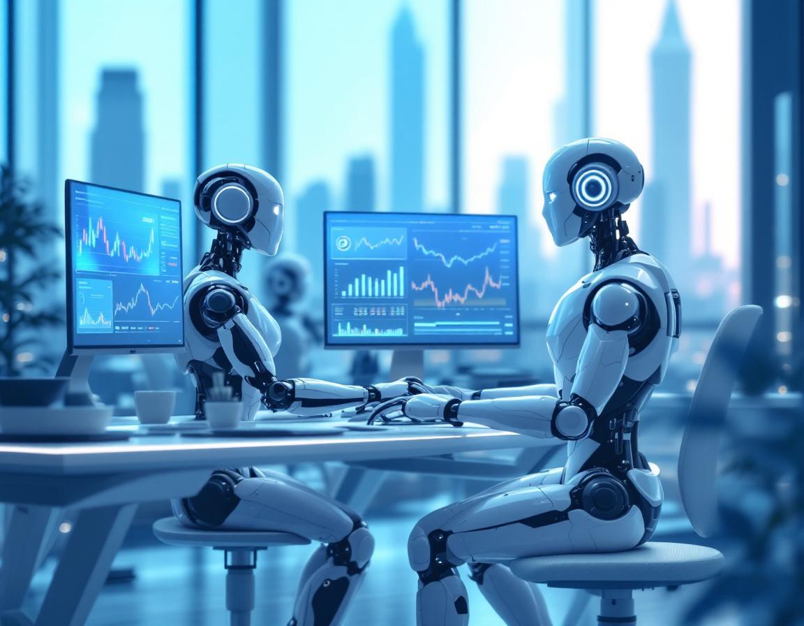 A hyper-realistic AI trading bot at a workstation, analyzing crypto data across multiple screens.