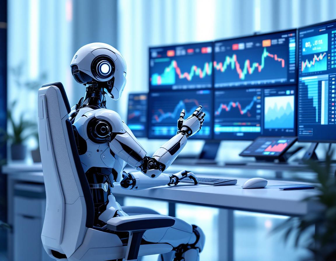 A hyper-realistic AI trading bot at a high-tech workstation analyzing crypto and stock market data.